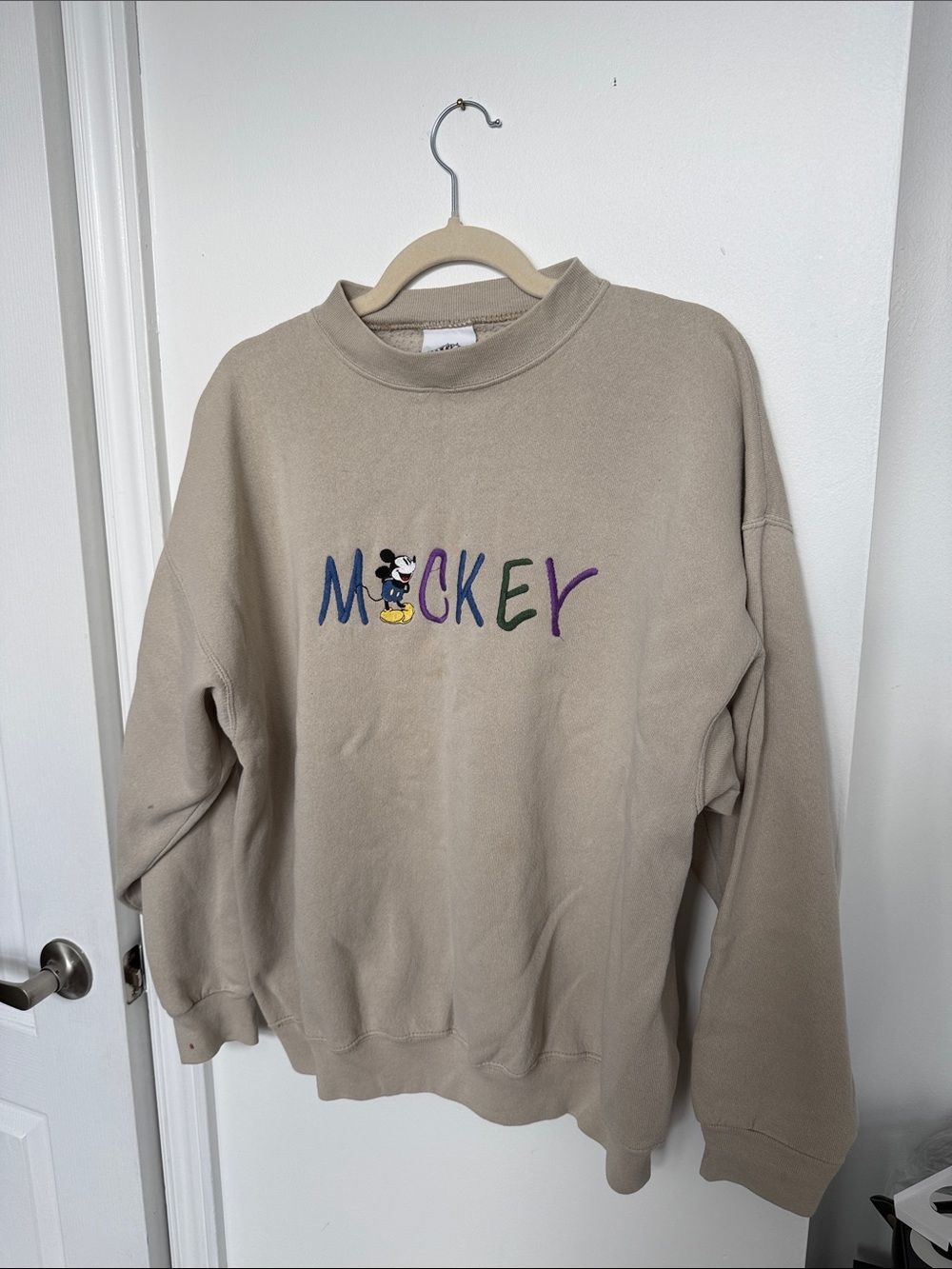 Disney Beige Crewneck Sweatshirt with Multicolor Mickey Embroidery